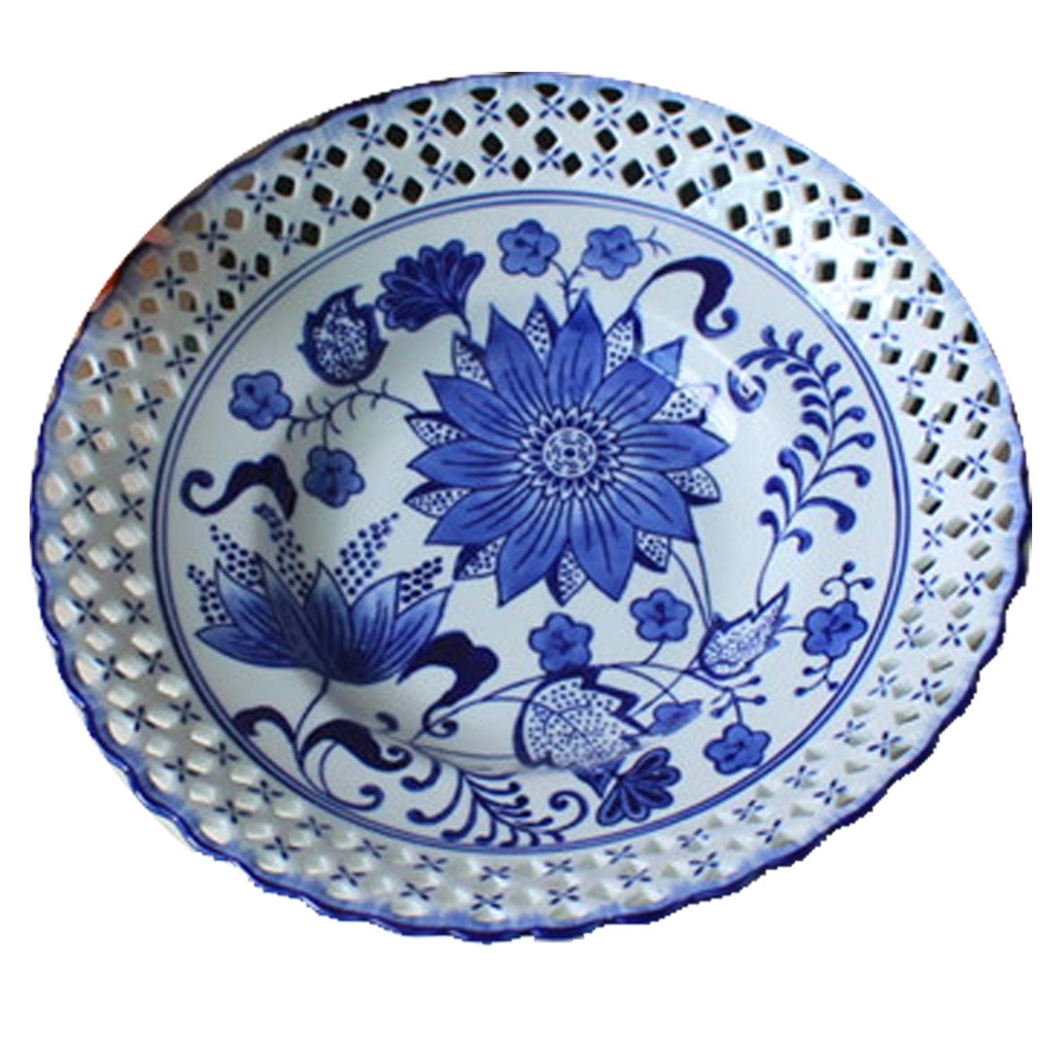 SHINING Blue and White Porcelain Fresh Fruit Platter Handicraft Pierced Plate For Food Storage Fruit Snack Gift Cabinet Decorations Artwork (12” Pierced Plate)