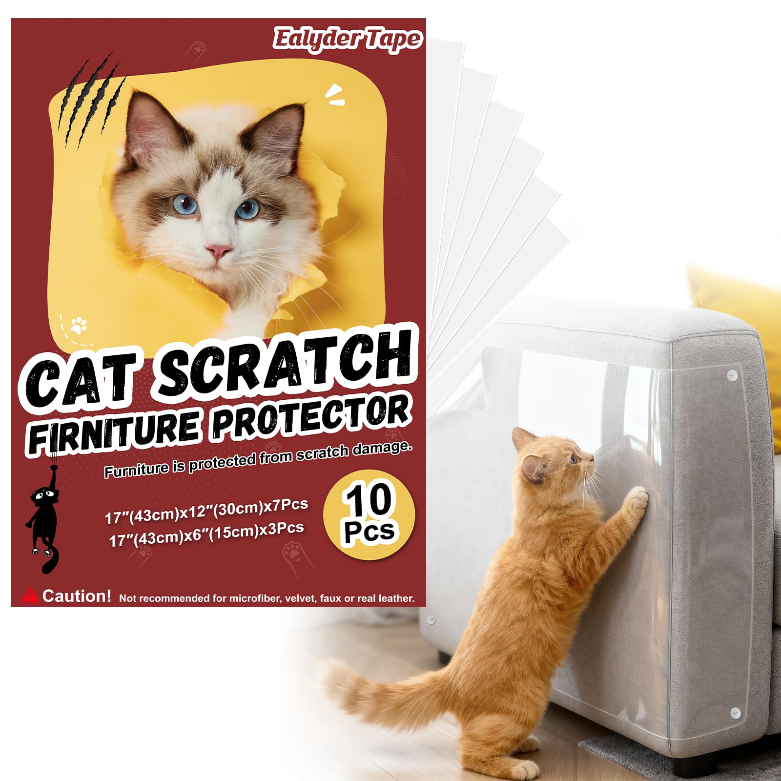 Ealyder Tape 10 Pack Anti Cat Scratch Furniture Protector, Heavy-Duty Clear Self-Adhesive Sofa Protectors for Pets, No-Residue for Couch, Doors, Walls – with 50 Twist Pins