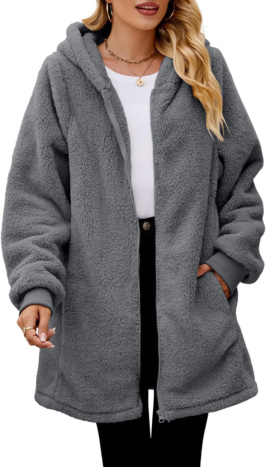 Yanekop Womens Oversized Sherpa Jacket Fuzzy Fleece Zip Up Jacket Warm Winter Coats Faux Fur Coat with Pockets - Image 2