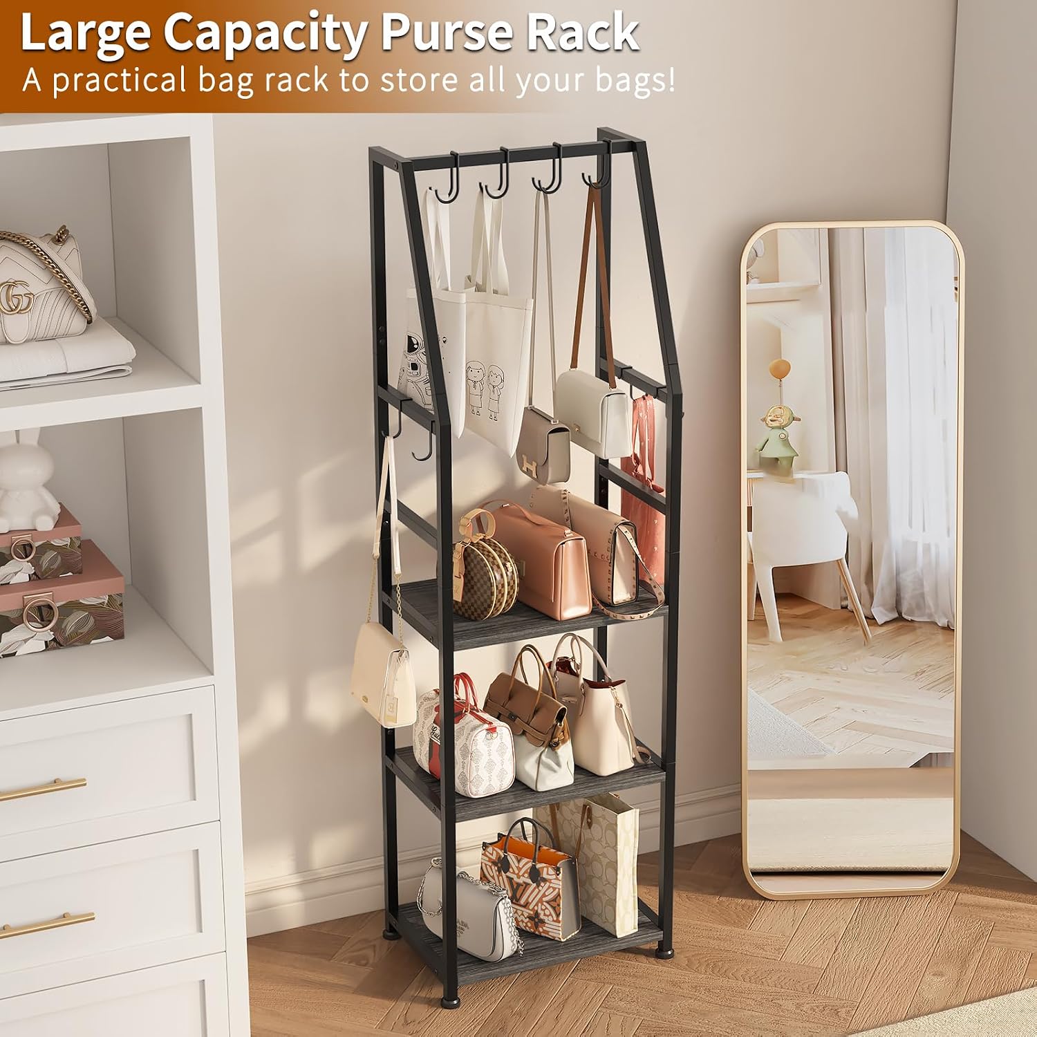 3-Tier Purse Stand Handbag Organizer, Tall Narrow Entryway Closet Bag Organizer, Wood Iron Storage Shelf, 4-in-1, with 8 Removable Hooks(Black) image 4