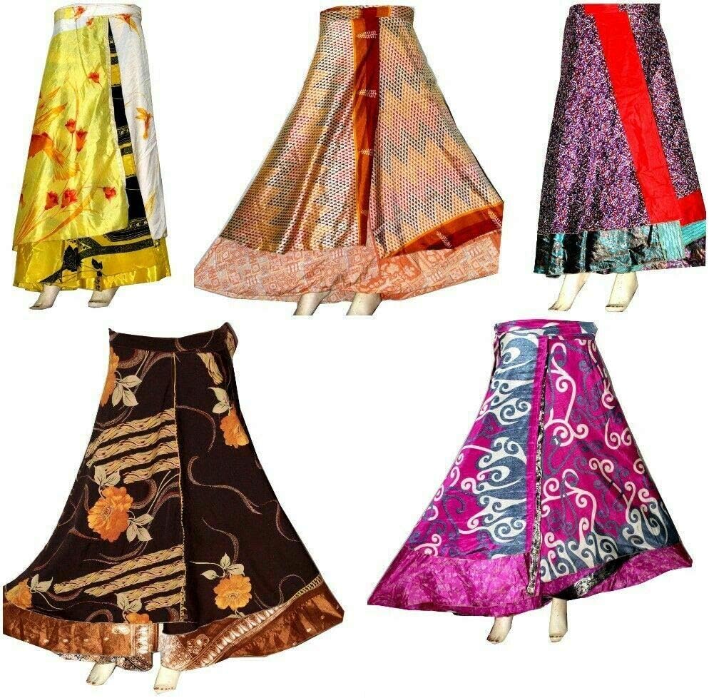 RadhykrishnafashionsIndian 1 PCS Women Long Wrap Skirt 2 Layered Cover-Ups Swimwear Beach Wrap Skirt Wholesale Lot Art Silk Magic Wrap Womens Printed Wrap Style (Multi Color)