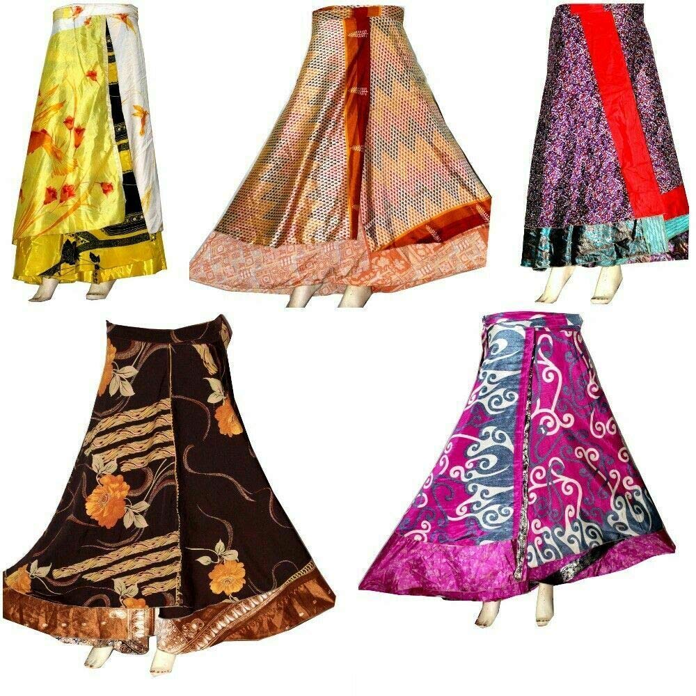 RadhykrishnafashionsIndian 1 PCS Women Long Wrap Skirt 2 Layered Cover-Ups Swimwear Beach Wrap Skirt Wholesale Lot Art Silk Magic Wrap Womens Printed Wrap Style (Multi Color)