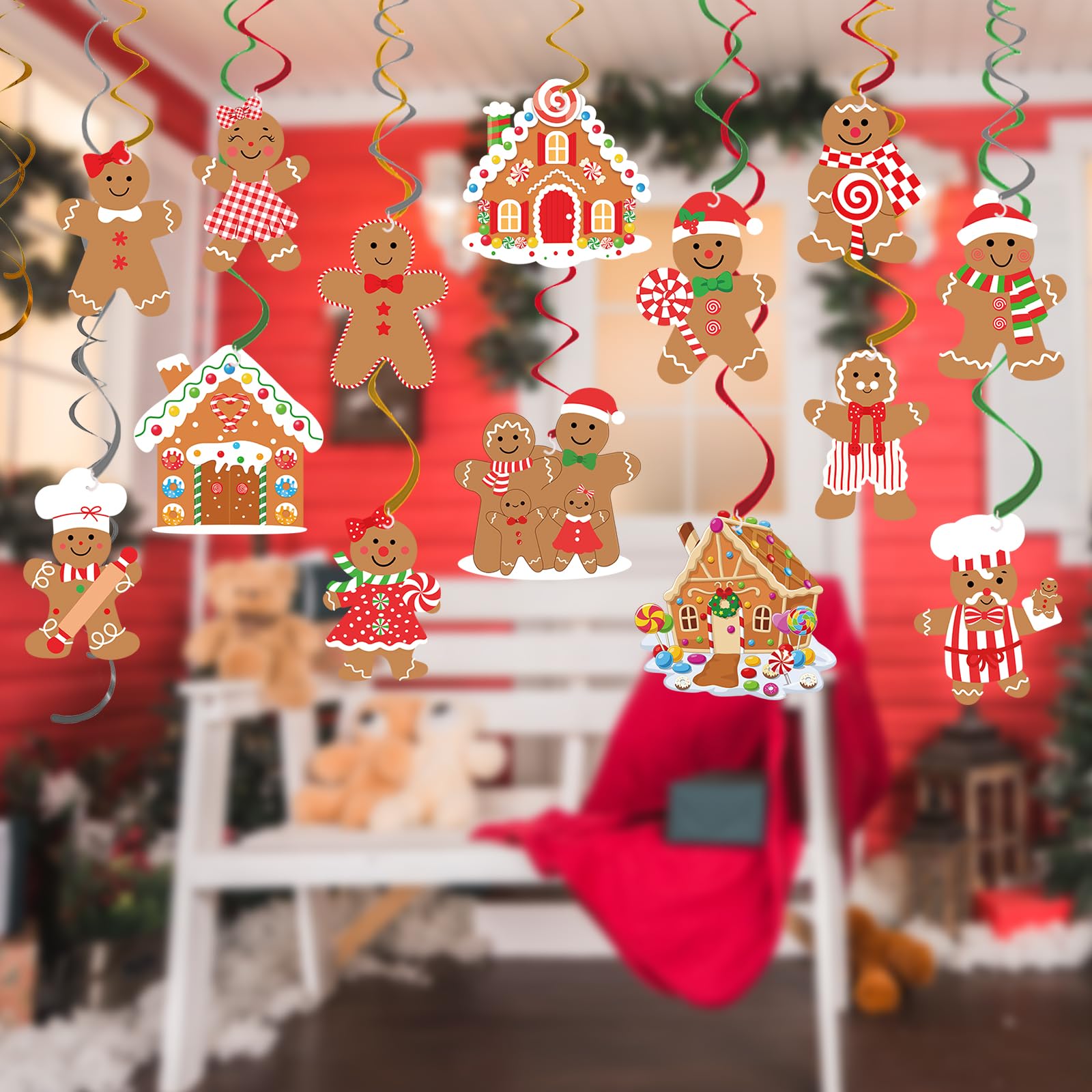 30 piezas de decoración de remolinos colgantes de Navidad, Feliz Navidad, hombre de jengibre, serpentinas colgantes para invierno, país de las maravillas, Navidad, Año Nuevo, vacaciones, fiesta de