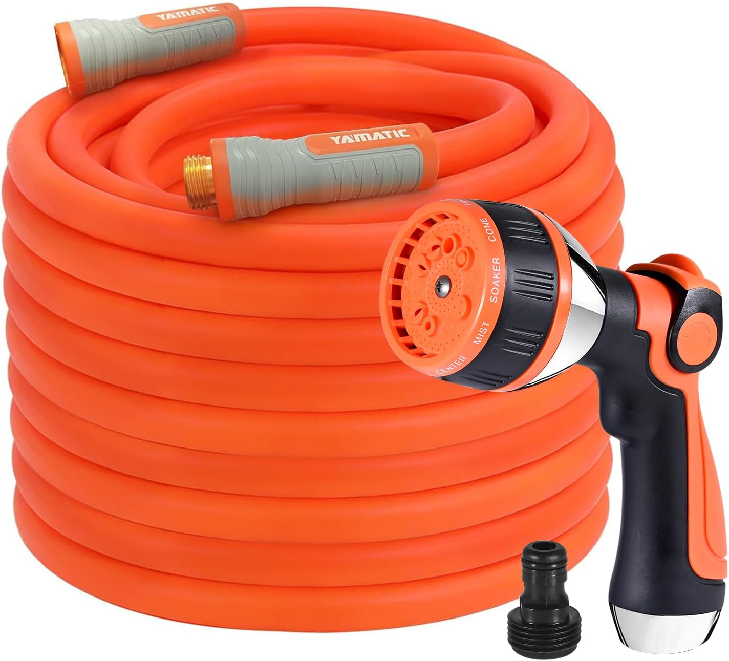 YAMATIC Garden Hose Nozzle with THUMB CONTROL ON OFF VALVE and a Heavy Duty 5/8 in x 100 ft Garden Hose