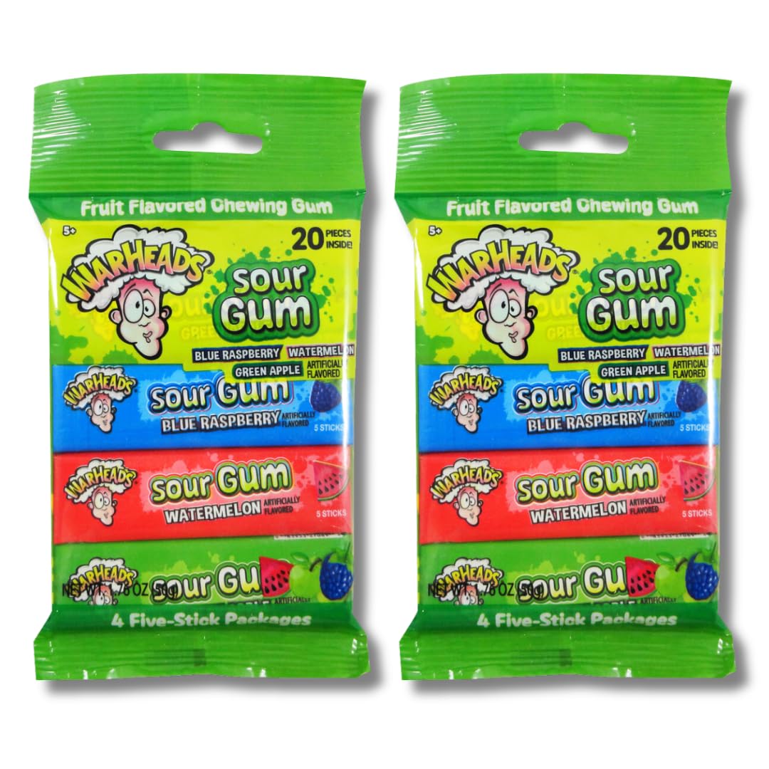 Warheads Sour Gum 4 pk - Gift Pack of 2 (8 packs of gum in total) By Lyza's Sweet & Treats
