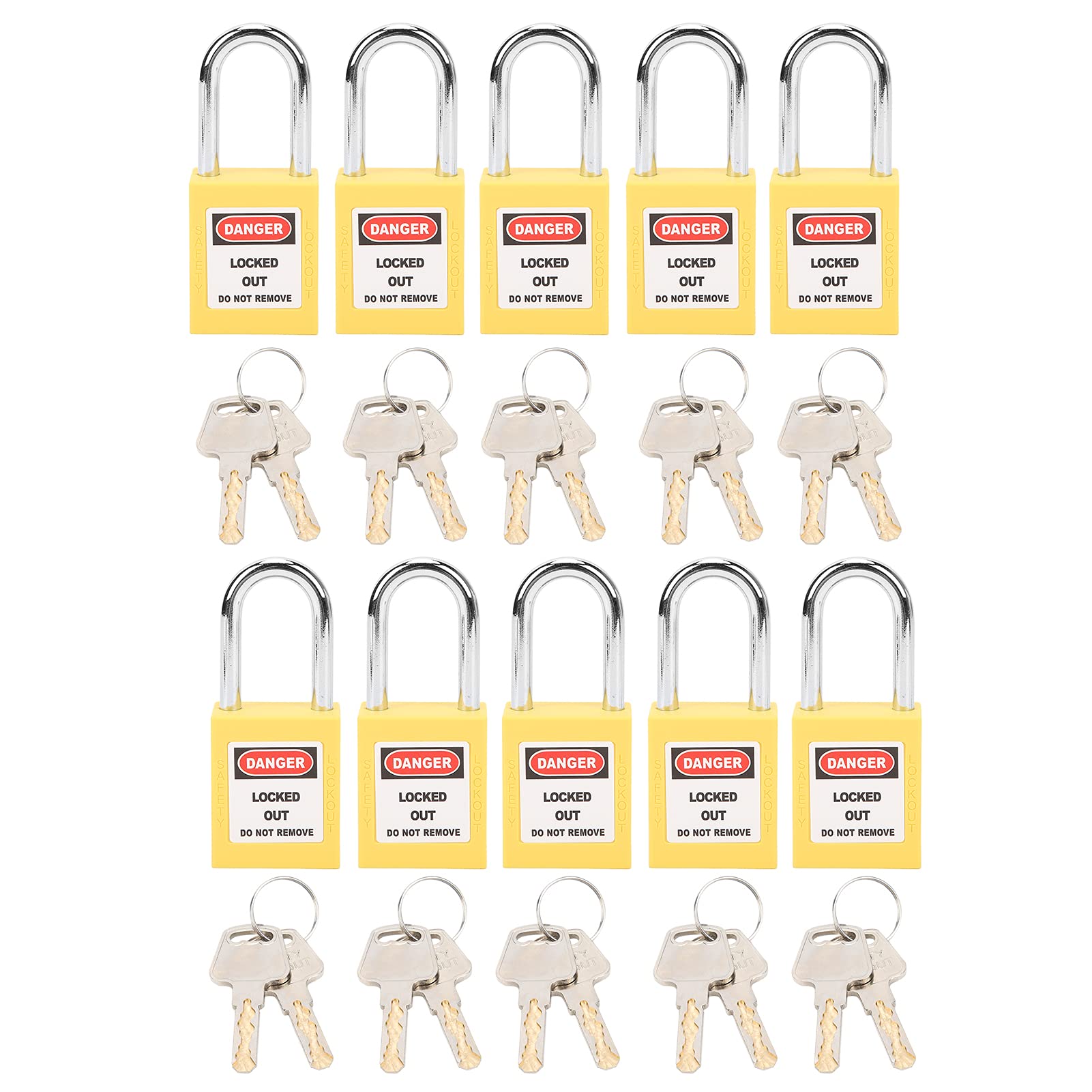 Candado de bloqueo, candado antideslizante resistente a la corrosión de 38 mm, con 2 llaves por candado para estaciones de bloqueo y etiquetado, 10 juegos(amarillo)