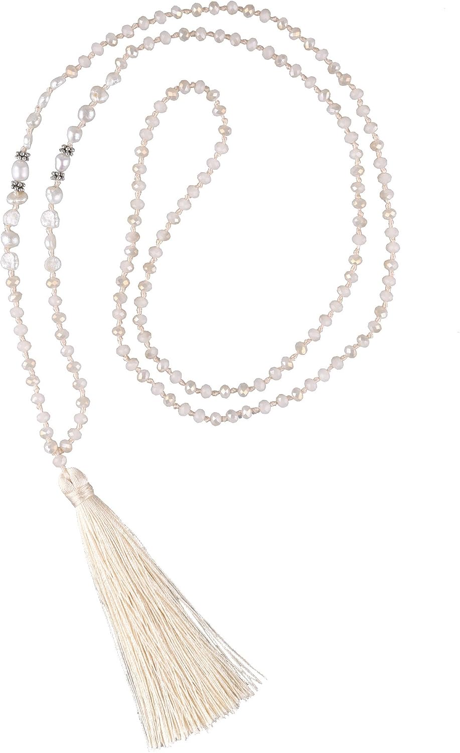 C·QUAN CHI Women Tassel Pearl Necklace Handmade Crystal Beaded Necklace Bohemian Jewelry