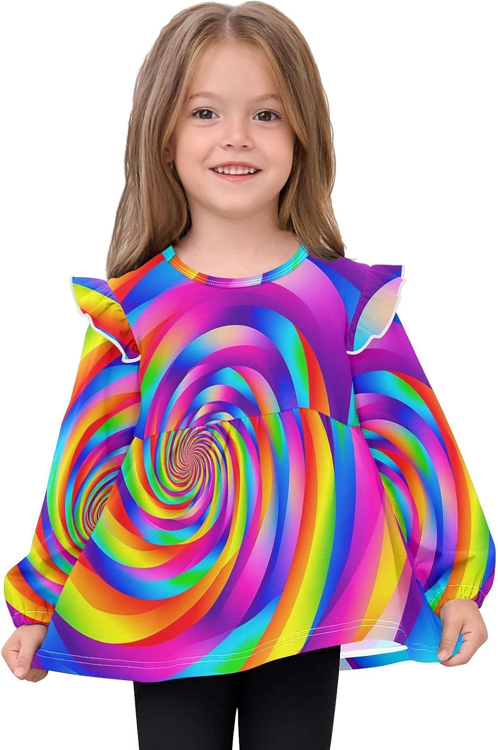 visesunny Toddler Clothes for Girls Rainbow Swirls Graphic Long Sleeve Fall Shirts Cotton Top with Ruffle Collar