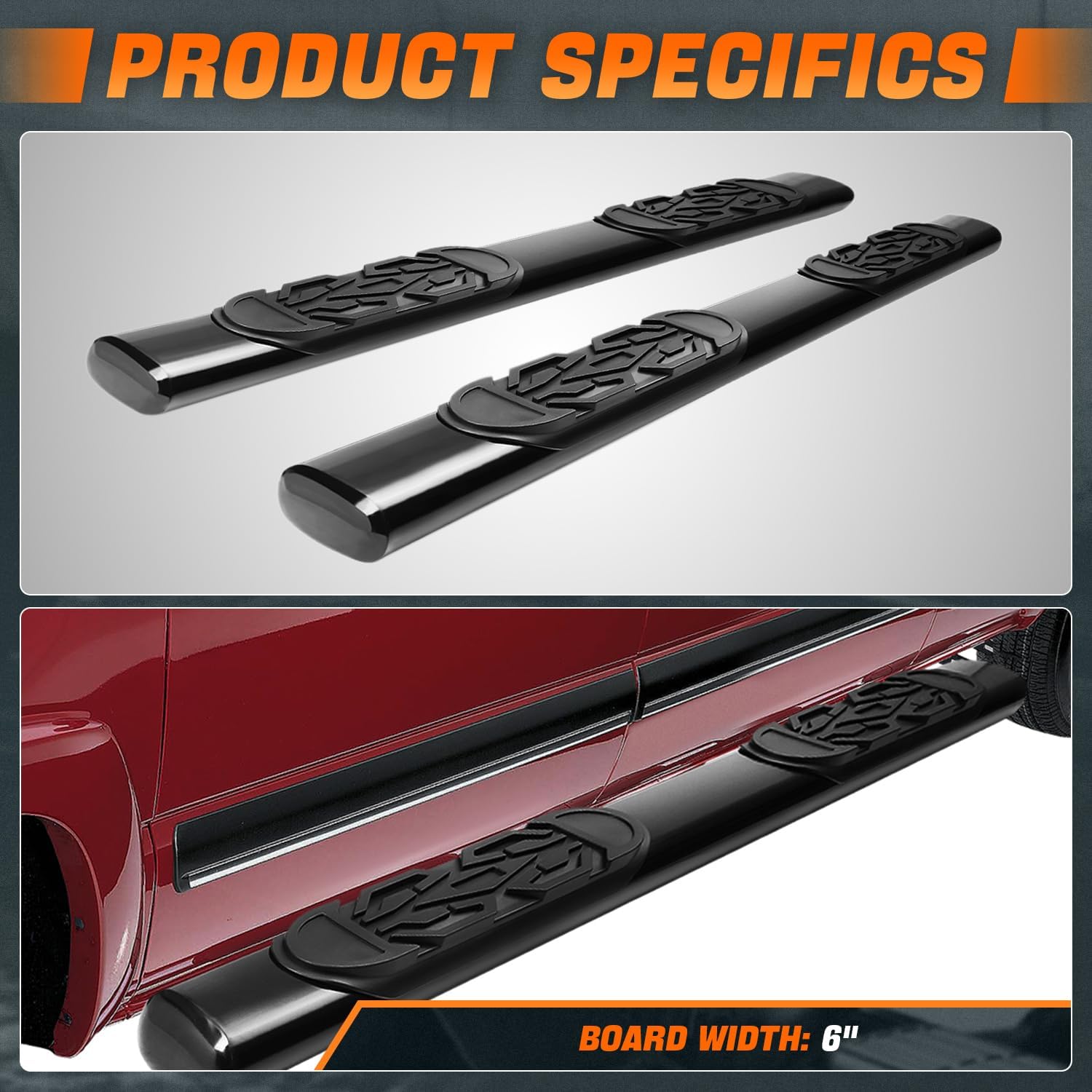 6 in. OD Black Steel Side Step Nerf Bar Compatible with 19-20 Chevy/GMC Silverado Sierra 1500 2500HD 3500HD Crew Cab CAAP-STEPS6O-018BK