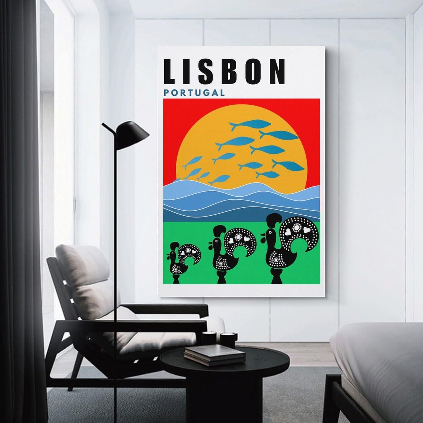 Junmoney Lisbon Portugal Mid Century Modern Travel Poster Wall Picture Print 24x36inch(60x90cm), for Lounge Decor, Offices Or Entryway Styling, Versatile Wall Decor for Many Rooms