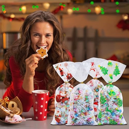 Miniatura 5 de Boerni 100 bolsas de celofán de Navidad, bolsas de plástico para violonchelo de Navidad con lazos giratorios para dulces, galletas, golosinas,