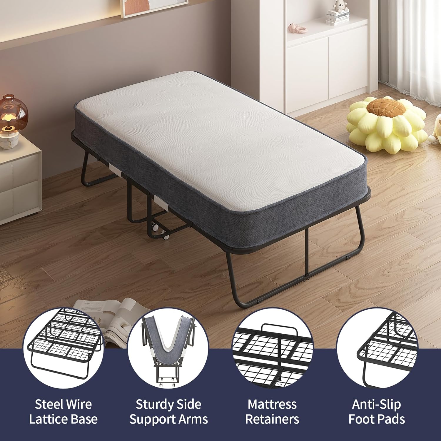 Folding Bed, 75" x 38" Rollaway Bed with 5" Thick Memory Foam Mattress for Adults, Twin Size Fold Up Roll Away Sleeping Beds, Space-Saving Foldable Portable Guest Beds with Sturdy Metal Frame