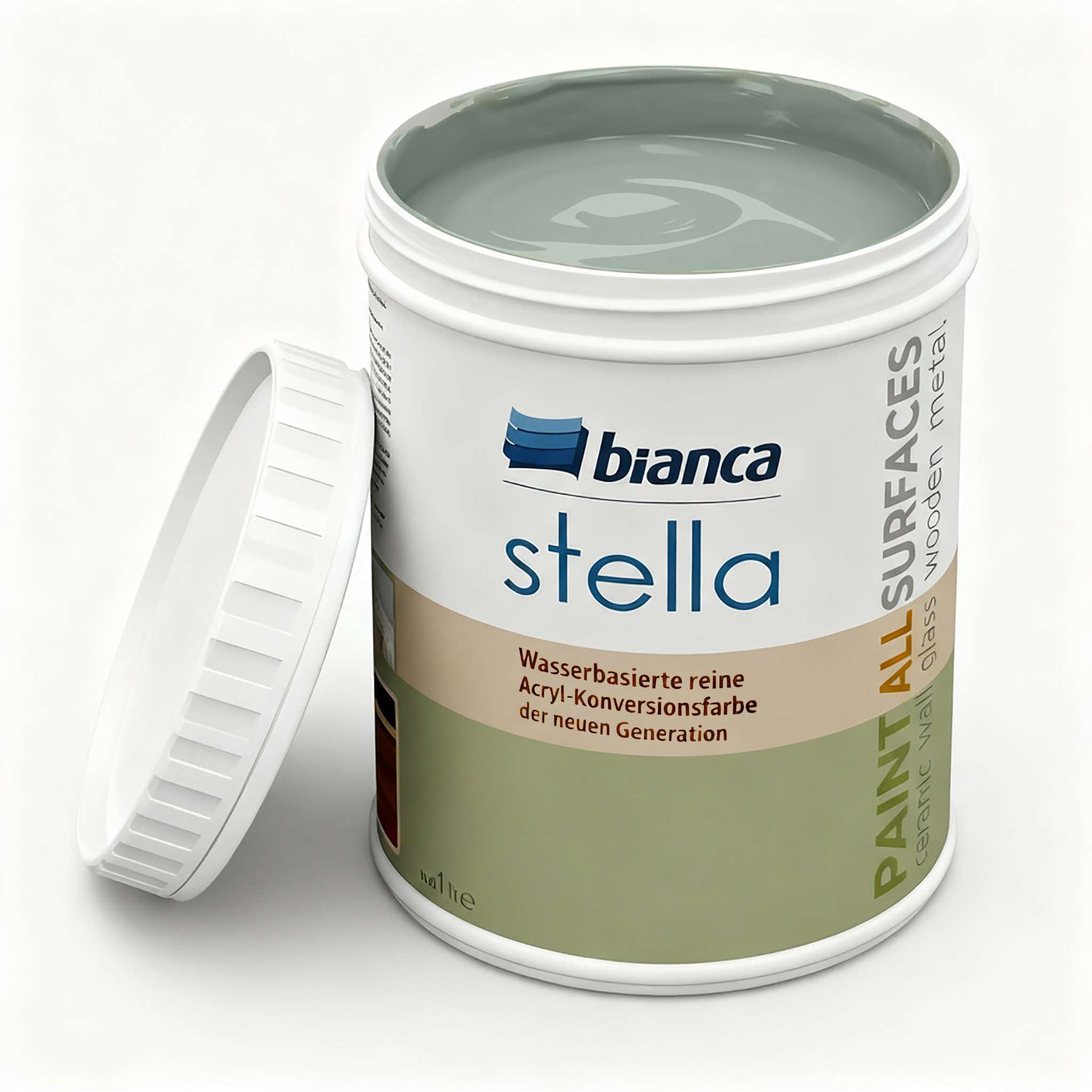 Bianca Stella Vernice per mobili premium senza carteggiatura per cucina e bagno, Verde nebbia, Lucido, 1000ml, a base acquosa, vernice acrilica per tutte le superfici, legno, piastrelle, metallo