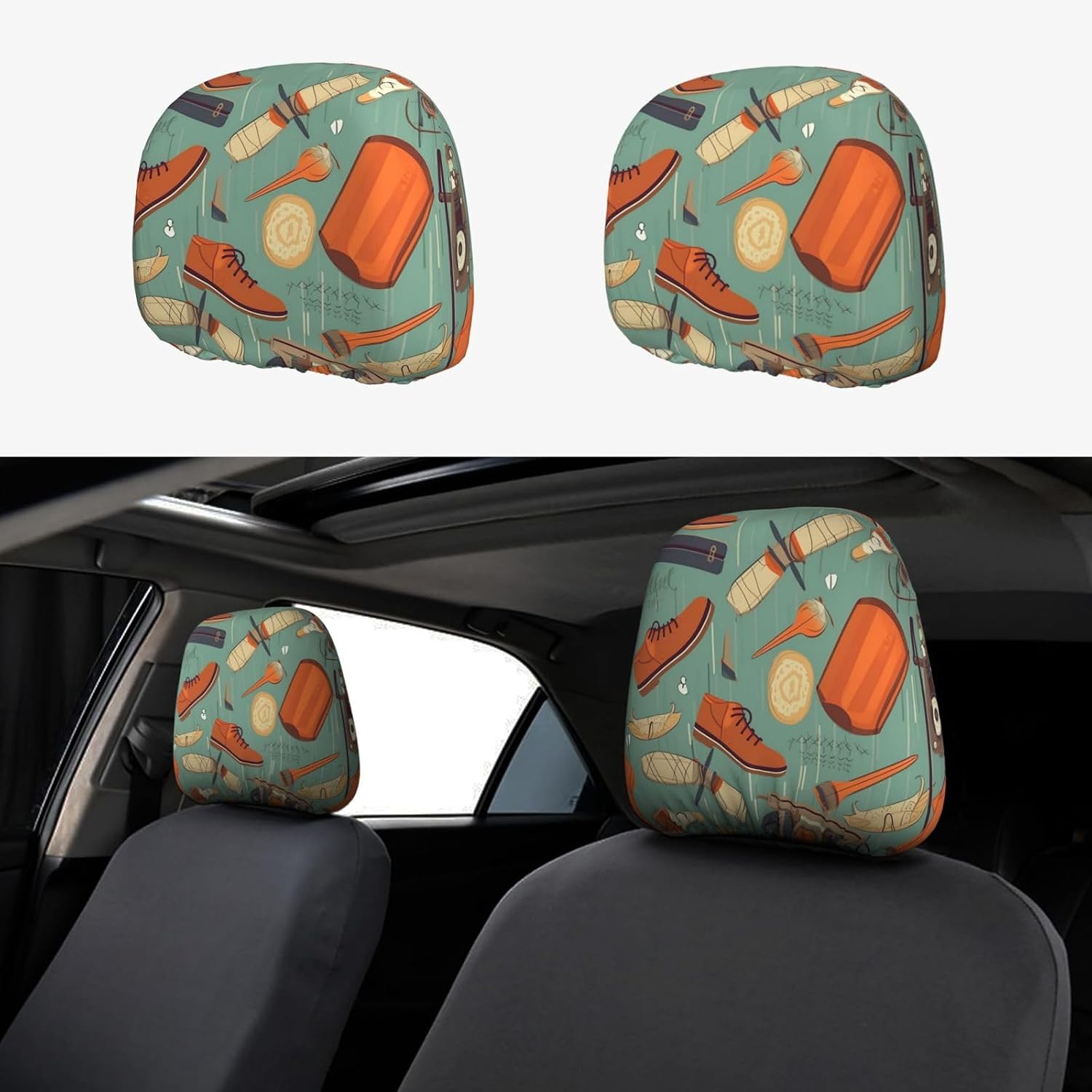 Ties Shoes Camera Fishing Rod Car Headrest Cover 2 PCS Universal Soft Breathable Car Seat Headrest Cover Stretch Auto Seat Head Rest Protector Interior Accessories Dust Cover for Seat Decoration