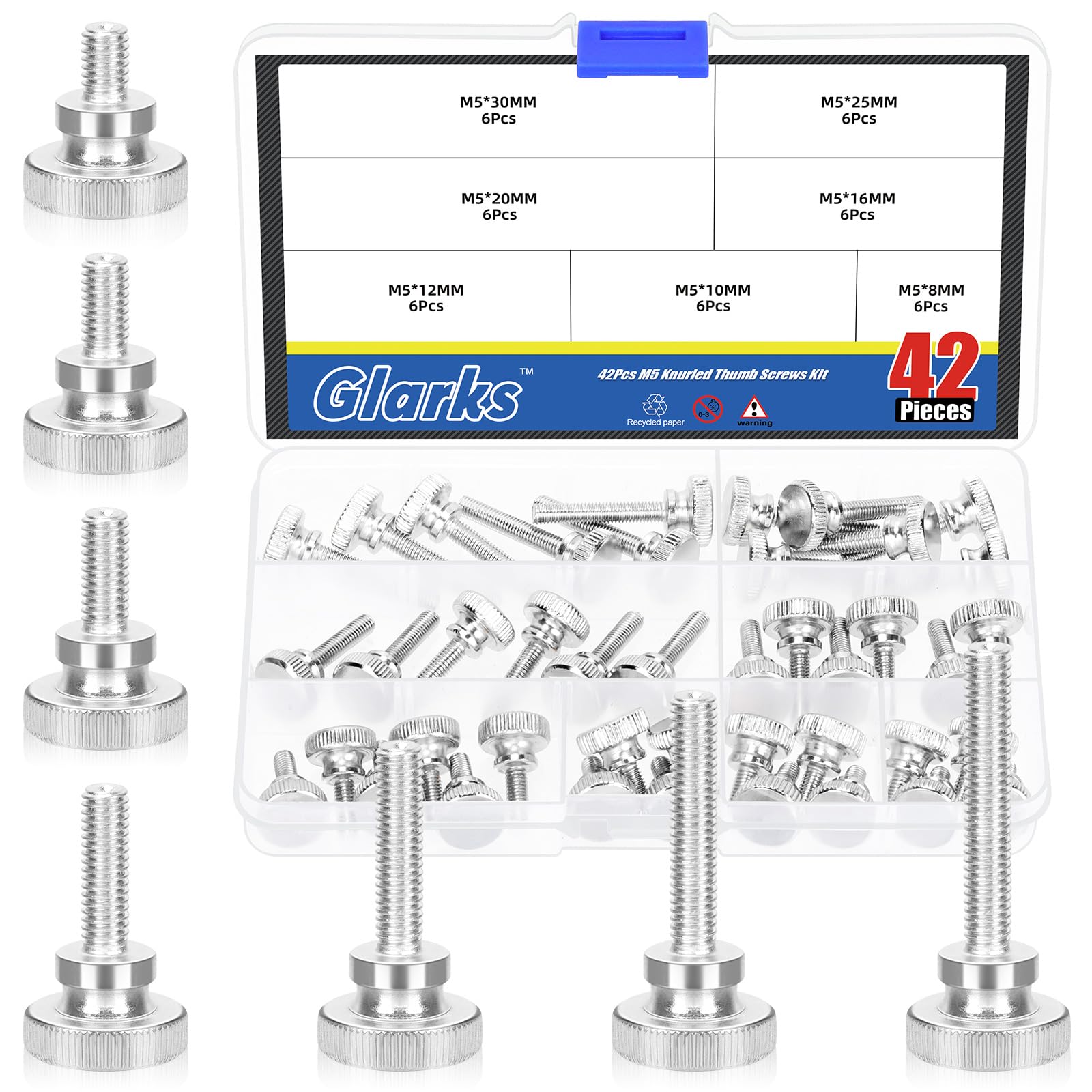 Glarks 42pcs M5 x 8/10/12/16/20/25/30MM Knurled Round Thumb Screws, Fully Threaded Thumb Screw Bolts, Flat Knurled Head Thumb Screws Bolts, Shoulder
