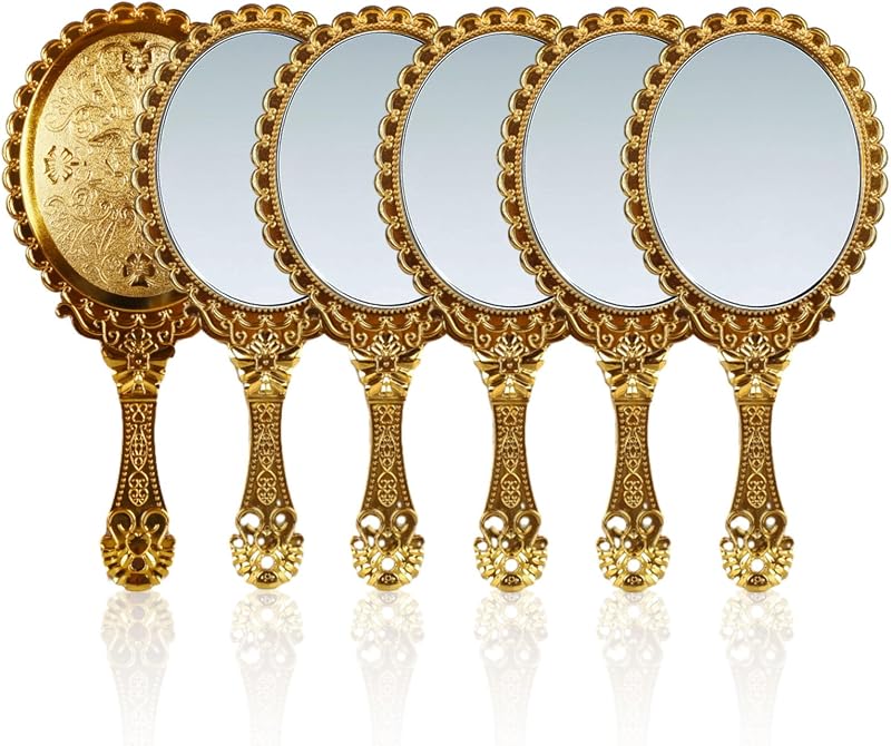 yisncka Espelho de Mão Oval Vintage Dourado com Relevo Floral, 20,07 x 11,43 cm, Pacote com 6