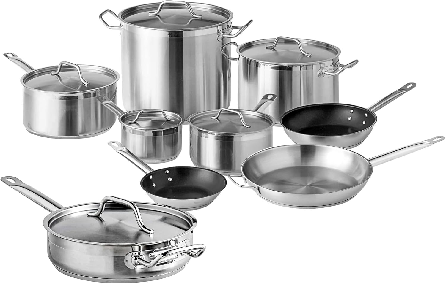 Stainless Steel Cookware Set, 2 Sauciers, 3-Quart Saute, 10-Quart Brazier, 2 Frying Skillets, 8-Quart Stockpot, Induction Cookware Set (12 Pieces)