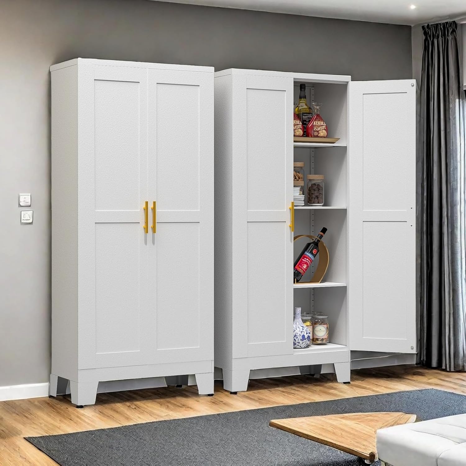 51" Tall Kitchen Pantry Cabinet, Metal Freestanding Cupboard Storage Cabinet with 2 Doors, 3 Adjustable Shelves, 8-Tier Door Shelves for Kitchen, Dining Room, Living Room (White)