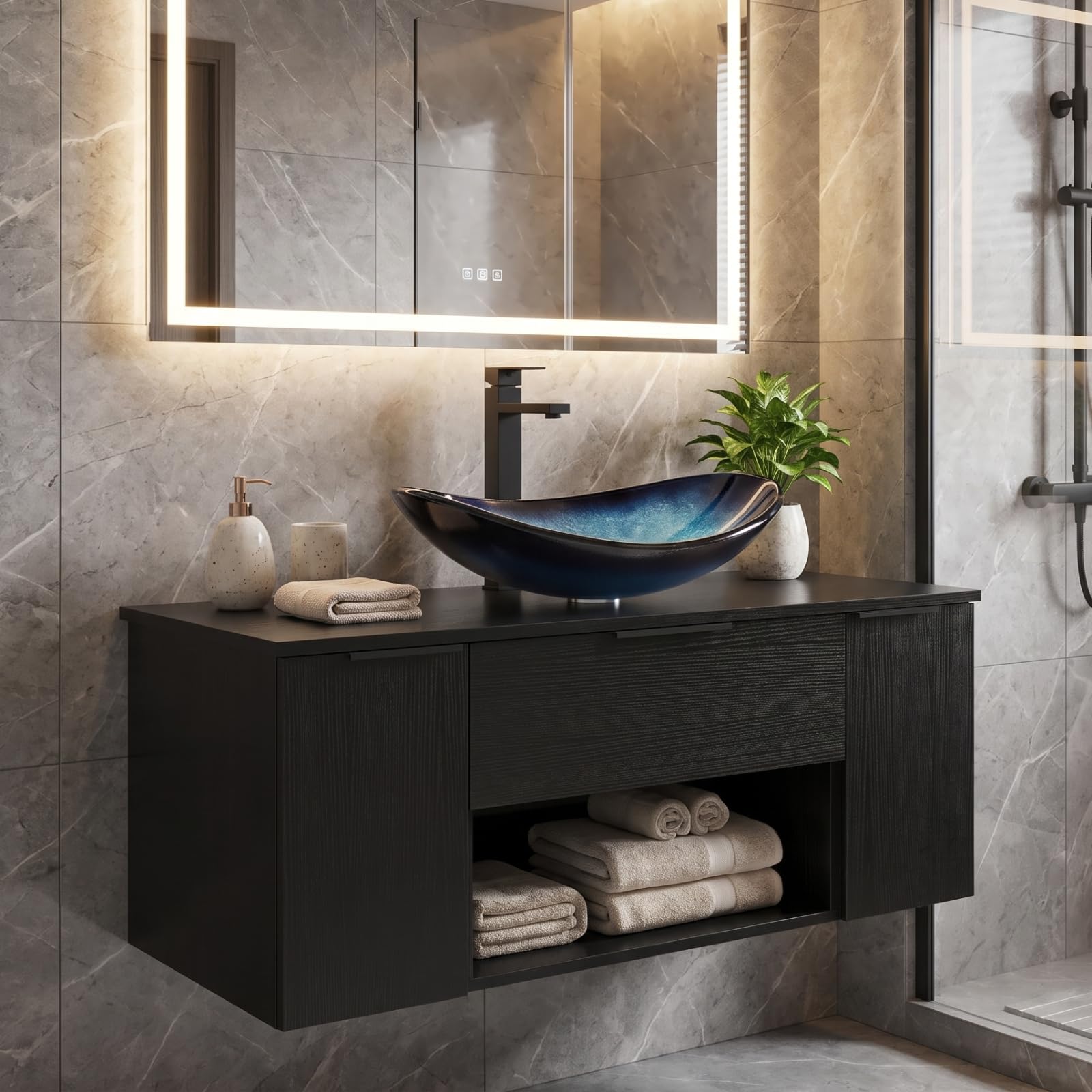 SOLIDEE 36 inch black floating bathroom vanity with sink