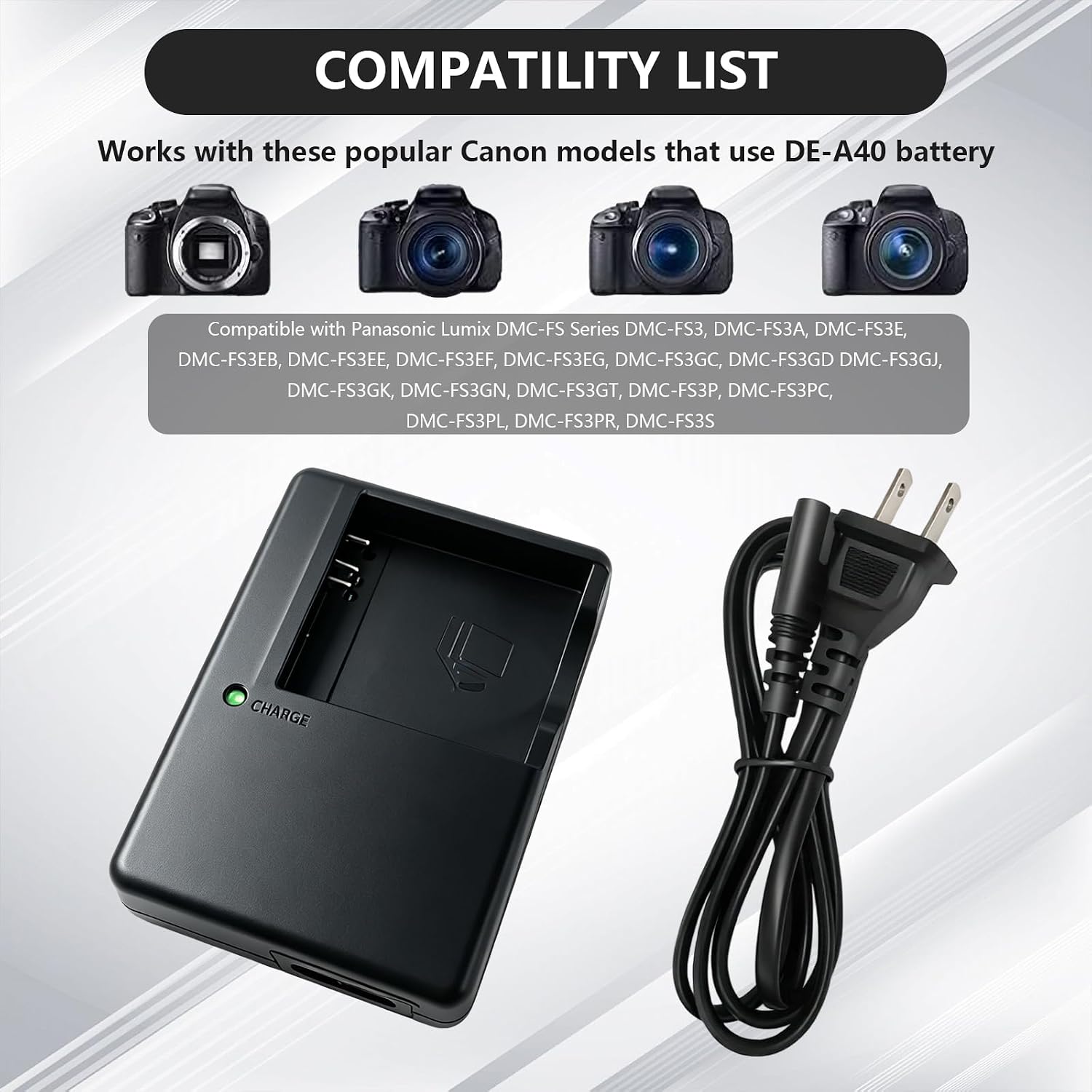 DE-A40 DE-A40B Battery Charger Compatible with Panasonic Camera LUMIX DeA40 CGA-S008 S008E DMW-BCE10 BCE10 DMC-FS3 FS5 FS20 FX38 FX3 Camera Battery Charger Adapter