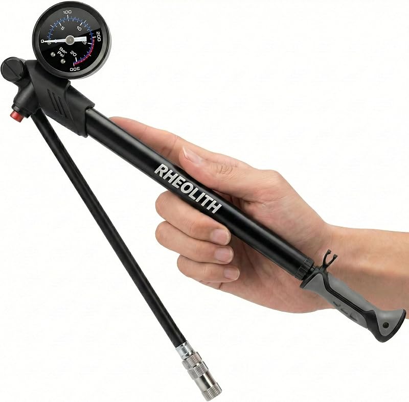 High Pressure Shock Pump for Mountain Bike - 300 PSI | with Precision Bleed Button, 360° Swivel Hose, CNC Aluminum Body, Fork & Rear Suspension Pump Fits Presta & Schrader Valves