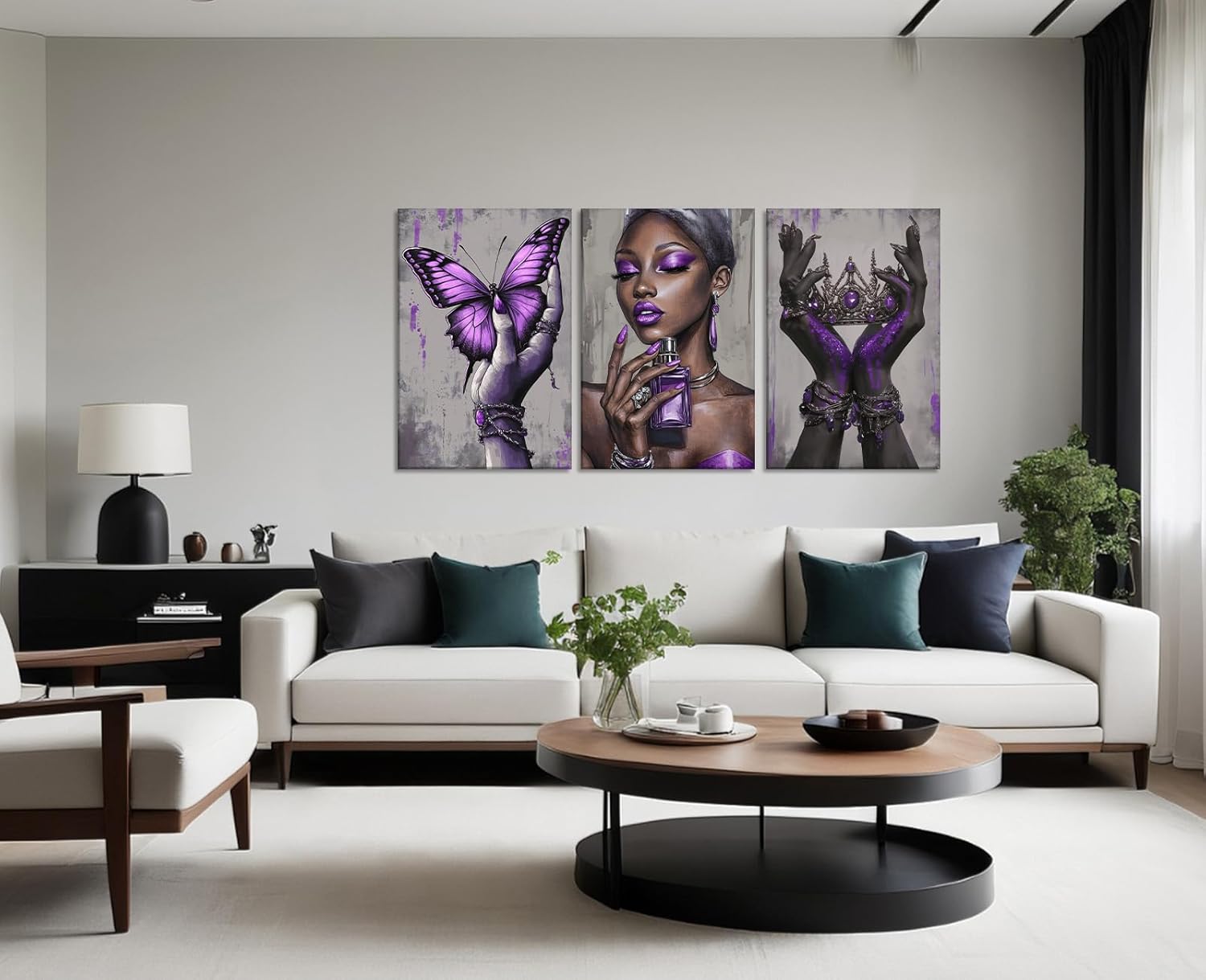 Black Woman Canvas Wall Art African American Wall Decor Purple Fashion Girl with Perfume Picture Queen and Butterfly Painting Abstract Prints Home Decor Framed(Art-3,12.00"x16.00"x3P)