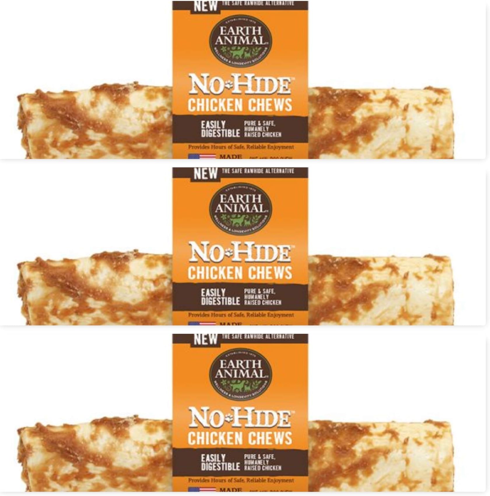 Earth Animal Raw Hide No Hide Dog Chews, Dog Treats. (Chicken) 11 Inch 3 Pack. The Safe Alternative to Raw Hide