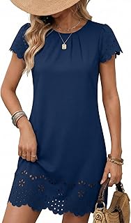 Womens Summer Dresses 2026 Short Sleeve Hollow Out Crewneck Pleated Front Casual Elegant Mini Dress