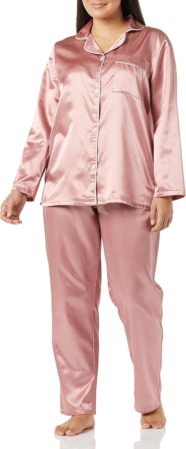 AmeriMark Womens Classic Satin Pajama Set Silky PJ Long Sleeves Button Up Front