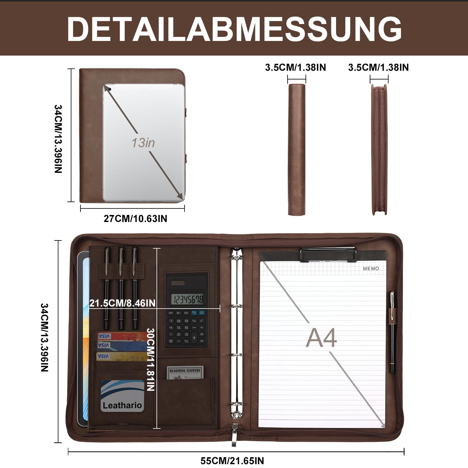 Leathario Konferenzmappe a4 mit Reißverschluss,Schreibmappe a4 mit 10 Dokumentenhüllen,Magnetgriff Arbeitsmappe mit 4 Ringbuch，Veganes Leder Mappe für Meetings,Behördengänge,Uni,Bewerbungsgespräche