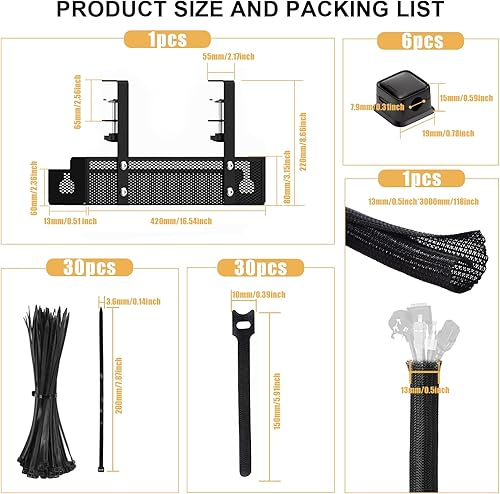 Miniatura 5 de Bandeja de organización de cables para debajo del escritorio, color negro, kit de organización de cables de 15.7 pulgadas, sin caja de taladro,