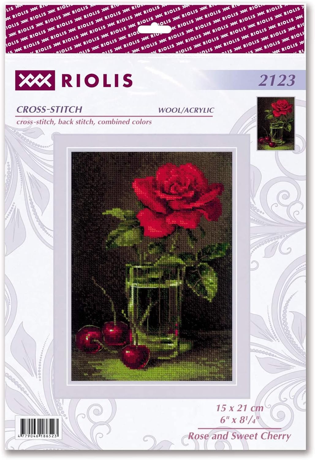 RIOLIS - Rose and Sweet Cherry 2123, Cross Stitch Kits 6" x8¼, Cross Stitch Kits for Adults, Counted Cross Stitch Kits, Embroidery Kit for Beginners & Advanced, Floral Crossstitching Kits
