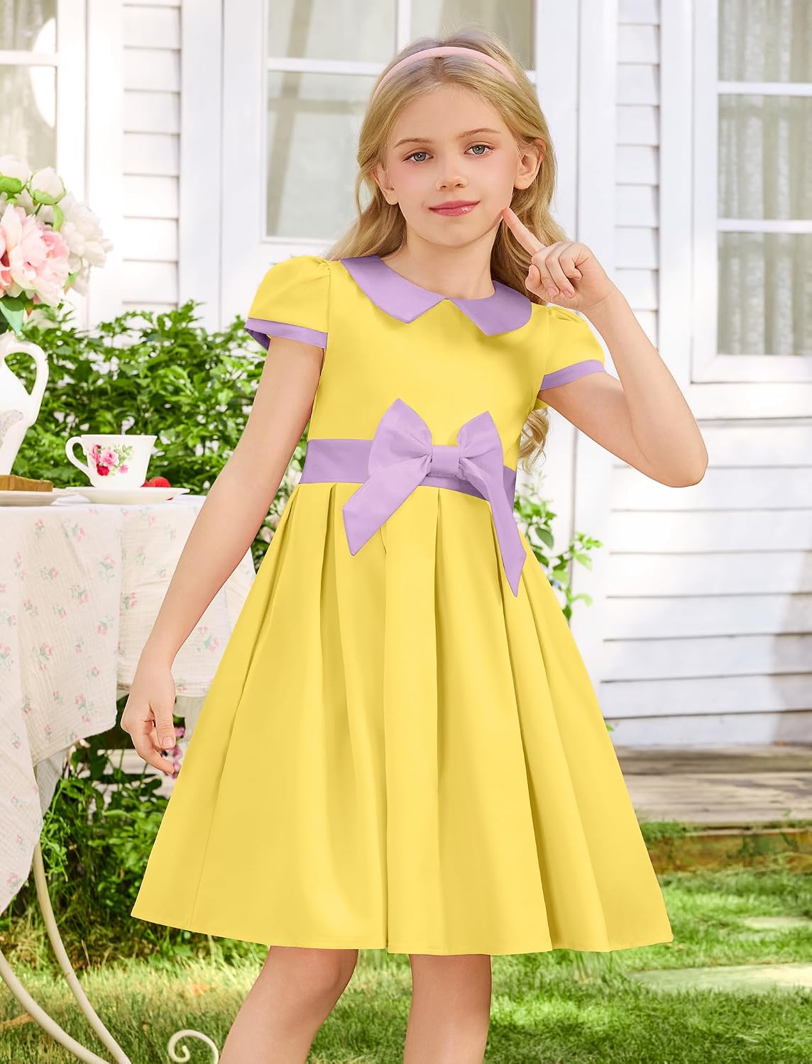 ODIZLI Kids Girls 1950s Retro Vintage Dress Short Puff Sleeve Contrast Panel Swing Party Dresses
