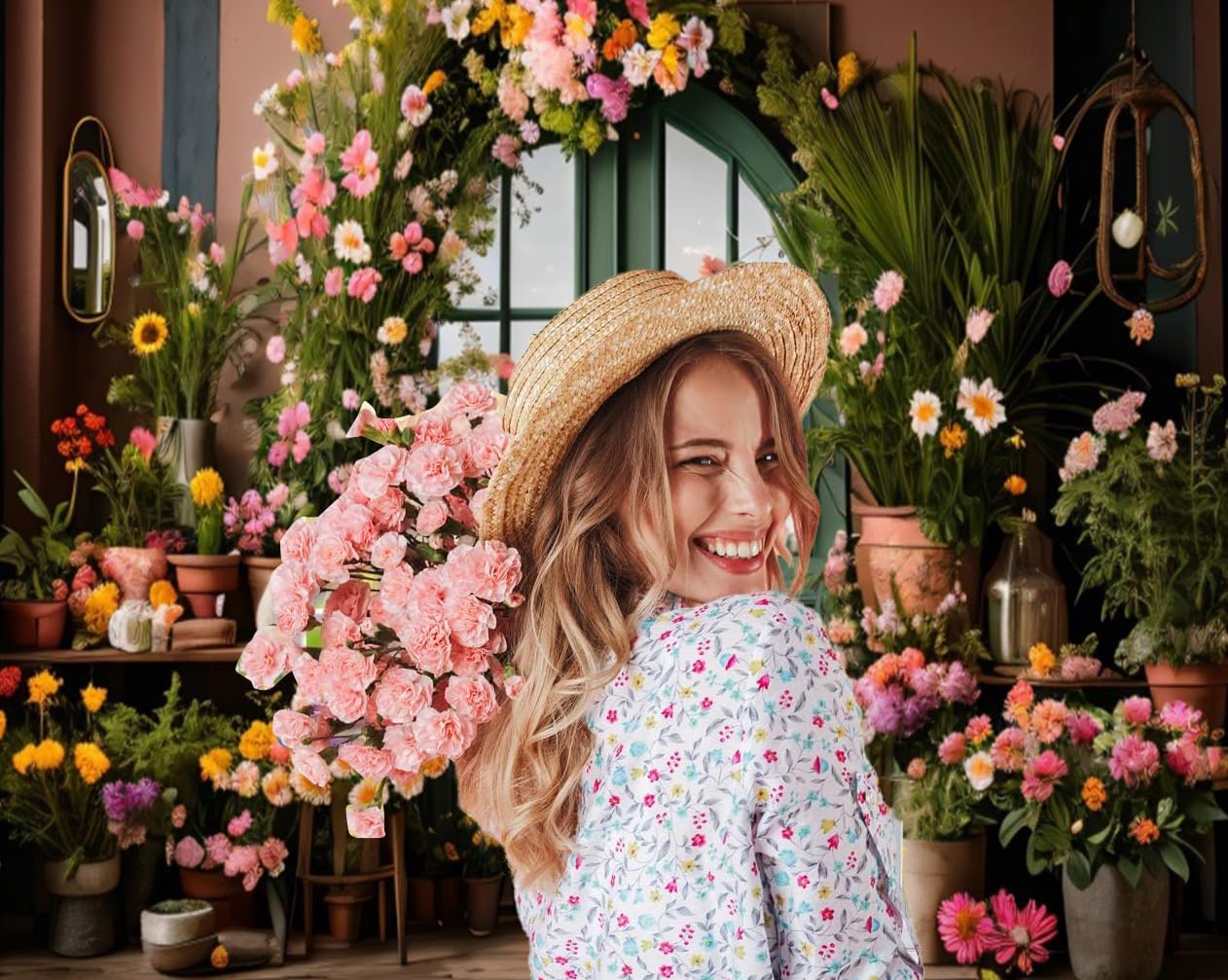 10x8ft Spring Flower Backdrop for Photography Indoor Blooming Flower Arch Wooden Door Floral Photo Background Video Photo Shoot Wedding Portrait Background Studio Photo Booth Props