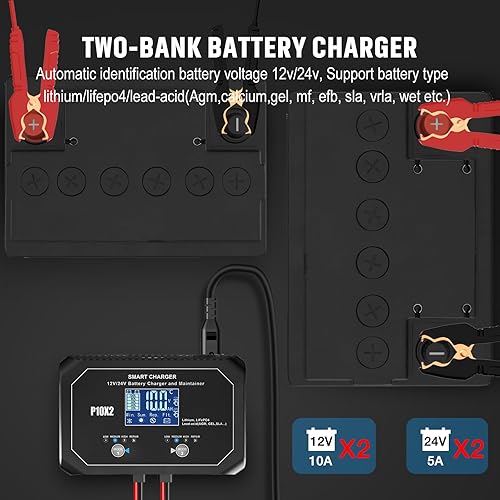 Miniatura 2 de Cargador marino inteligente dual de 20 amperios (10 amperios y 2 bancos), cargador de batería de coche totalmente automático, cargador de goteo