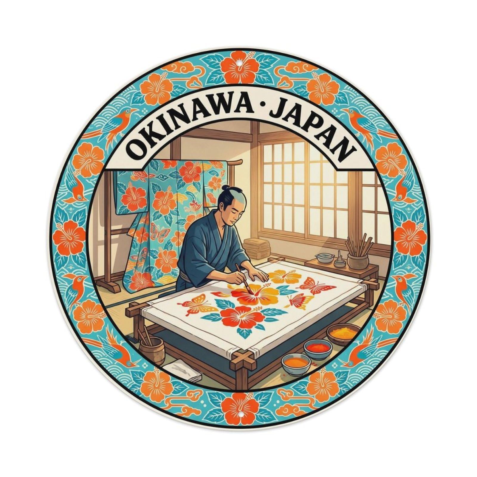 Okinawa Ryukyu Bingata Stencil Dye Tropical Fuji Travel Metal Tin Sign