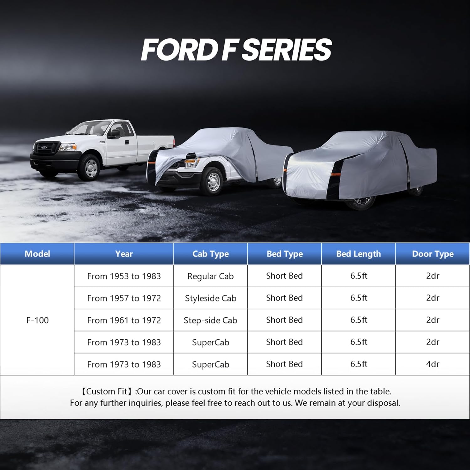 Multi-Layer Ford F100 Truck Cover, Custom fit F100 1953-1983 Regular/Extended/Crew Cab SB(6.4'-8.5') Car Cover Waterproof All Weather, Full Exterior Cover Rain Wind and UV Protection with Door Zipper