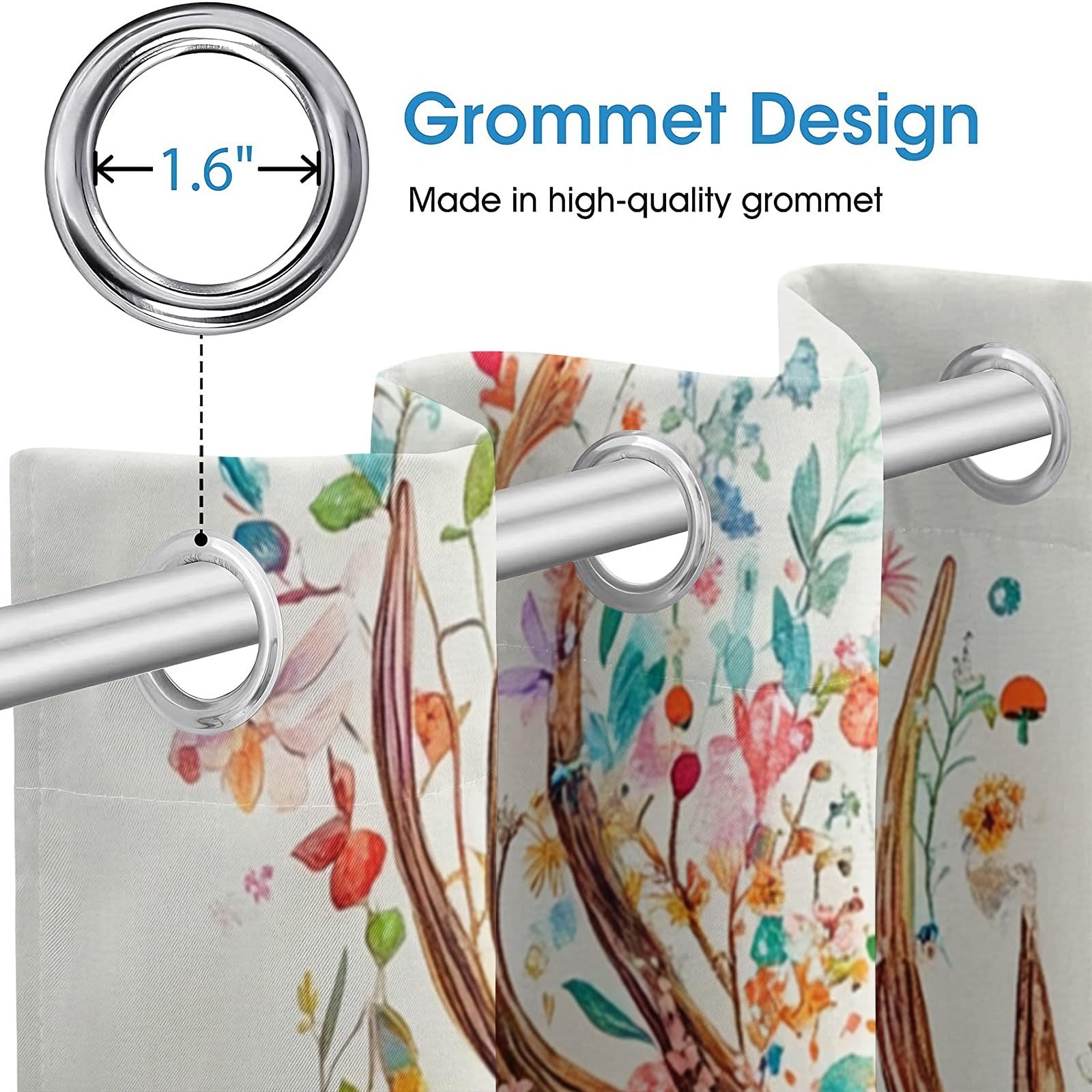 Generisch REH Vorhänge Wohnzimmer Modern Blickdichte Gardinen Bunte Blumen Tier Hirsch Ösenvorhang 2er Set Verdunklungsvorhänge Thermovorhang Übergardinen mit Ösen, H 175 x B 140 cm