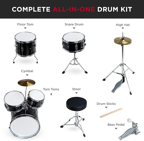 Best Choice Products Kids 5-Piece Beginner Drum Set Junior Kit, Starter Percussion w/Cymbals, Pedal, Drumsticks, Stool, Toms, Snare, Hi Hat - Black