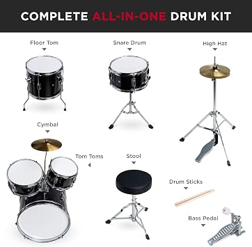 Best Choice Products Kids 5-Piece Beginner Drum Set Junior Kit, Starter Percussion w/Cymbals, Pedal, Drumsticks, Stool, Toms, Snare, Hi Hat - Black
