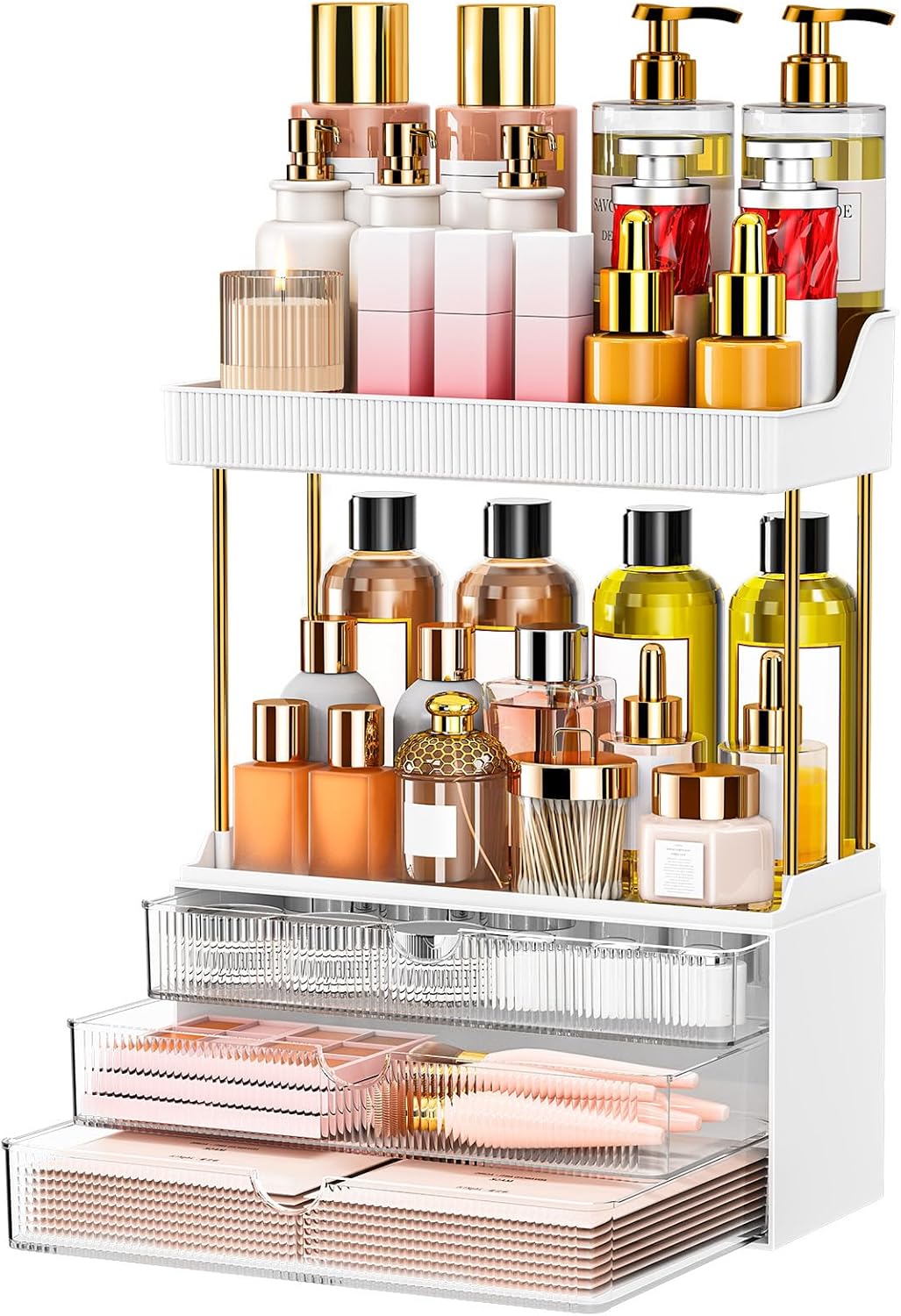 5 Tiers Bathroom Counter Organizer – 3 Drawers Makeup Organizer, Cosmetic Storage Drawer for Dresser Countertop and Bathroom Vanity for Large Skincare, Perfume, Clear