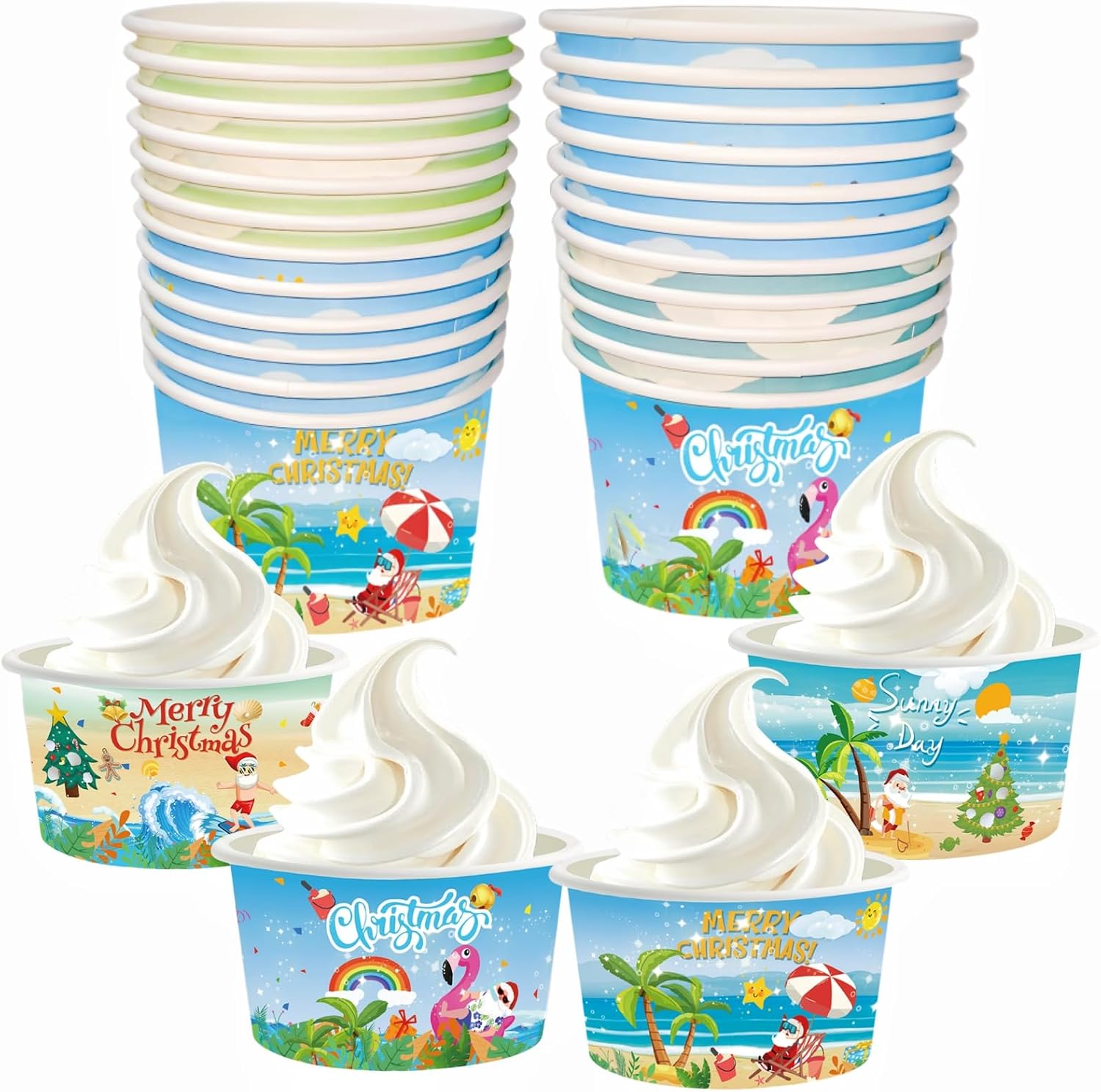YVAINE 24 Pcs Summer Christmas Ice Cream Cups Mele Kalikimaka Tropical Christmas Party Paper Cup 8 oz Disposable Ice Cream Bowls for Hawaiian Christmas Birthday Party Decorations