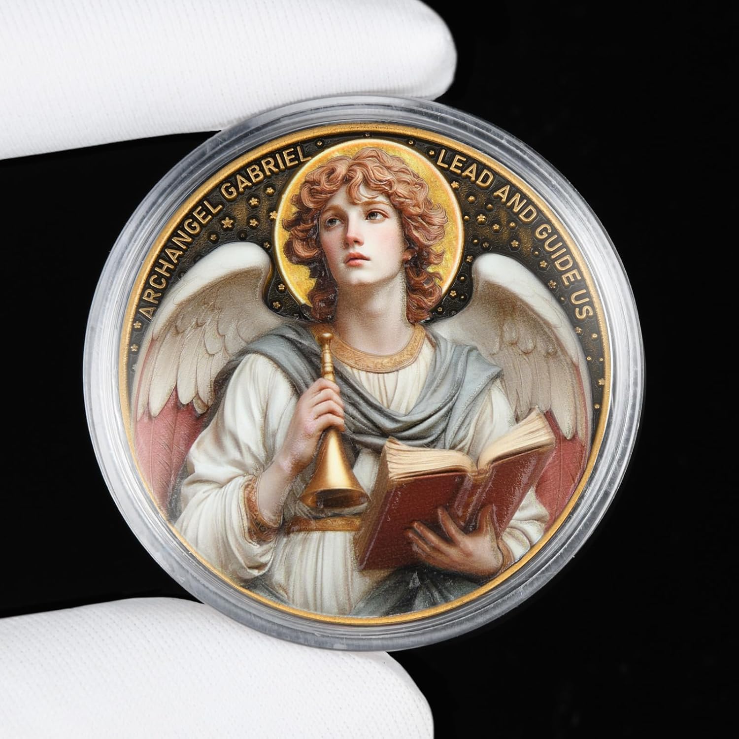 Archangel Gabriel Religious Challenge Coins (5-Pack) with Prayer – 3D Angel Pocket Coins with Clear Cases – Zinc Alloy Faith Gifts for Protection, Guidance, and Inspiration (1.57 Inch Each)