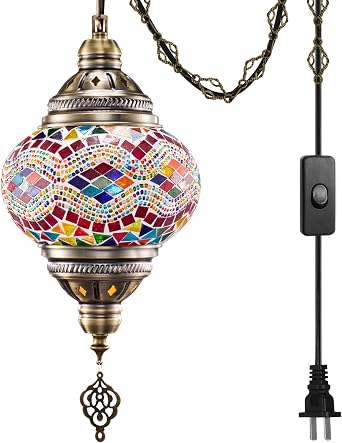 Turkish Moroccan Mosaic Hanging Pendant Lamp Plug-in, Large 7.2" Globe Swag Lamp Fixture with 15ft Cord, Handmade Boho Stained Glass Hanging Ceiling Light for Living Room Bedroom Decor,Colorful