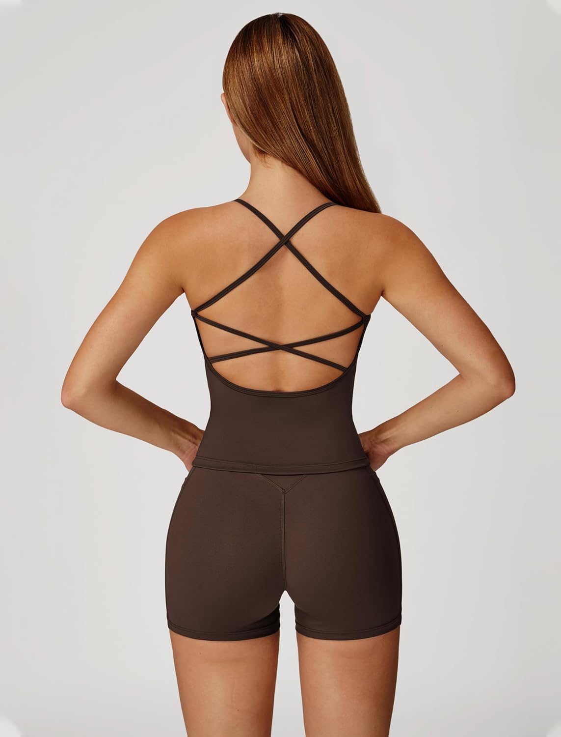 Women 2 Piece Workout Sets Padded Criss Cross Back Crop Tank Tops Tummy Control Biker Shorts Yoga Outfits with Pocket - Image 4