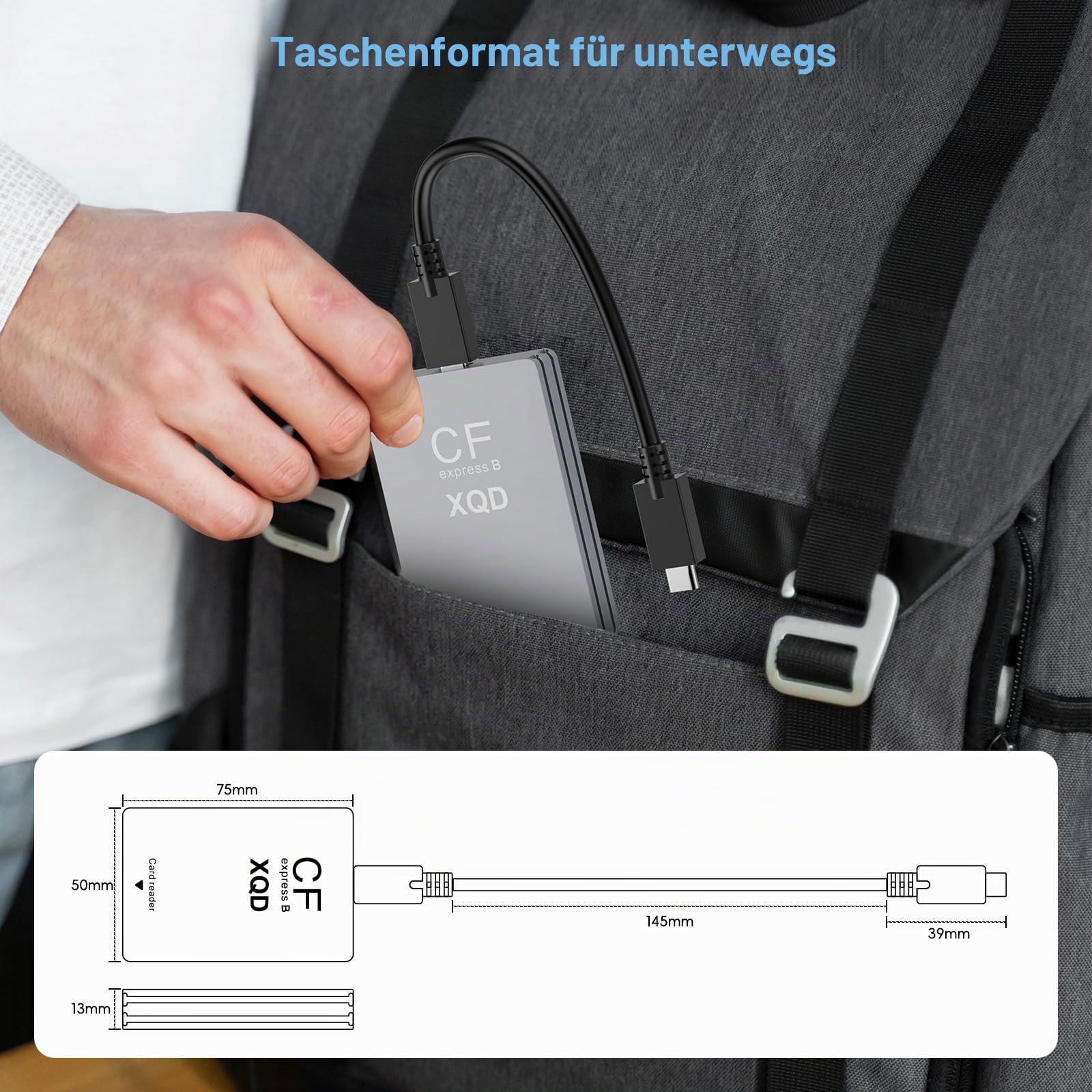 CFexpress Type-B Kartenleser & XQD & SD Kartenleser 3 in 1, USB 3.1 (Gen 2) 10Gbps CF Express Typ B Leser Adapter Card Reader mit UAB-A & USB-C-Kabel kompatibel mit Windows/Mac/Linux/Android