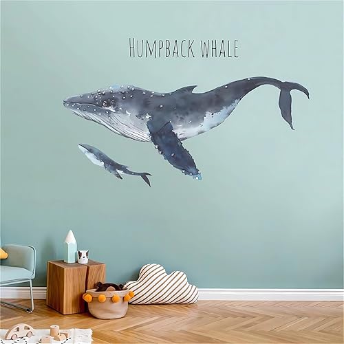 sacinora - Calcomanías de pared de ballena jorobada, calcomanías de pared de animales marinos azules extraíbles, vinilo extraíble para sala de