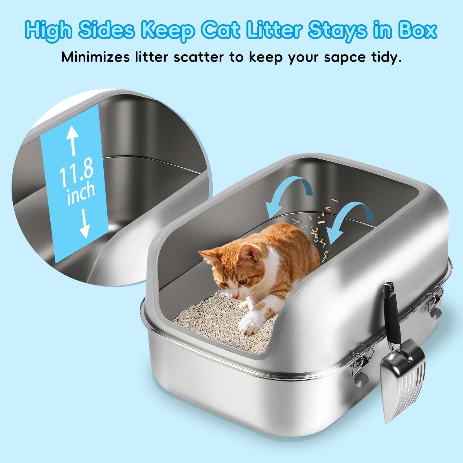 Lettiera per gatti in acciaio inox xl, 60x40x30cm Lettiera semi-chiusa in metallo con recinzione alta, paletta lettiera, antiaderente, facile da pulire