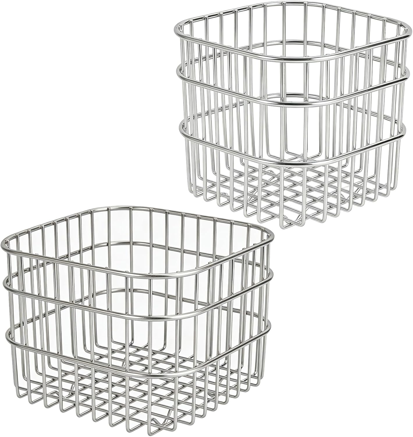 2-Piece Stainless Steel Mesh Storage Baskets Set, Large & Small (4.33" & 5.12" Rounded Squares) for Kitchen Drain, Vegetable Snack Storage, Bathroom Office Organizer