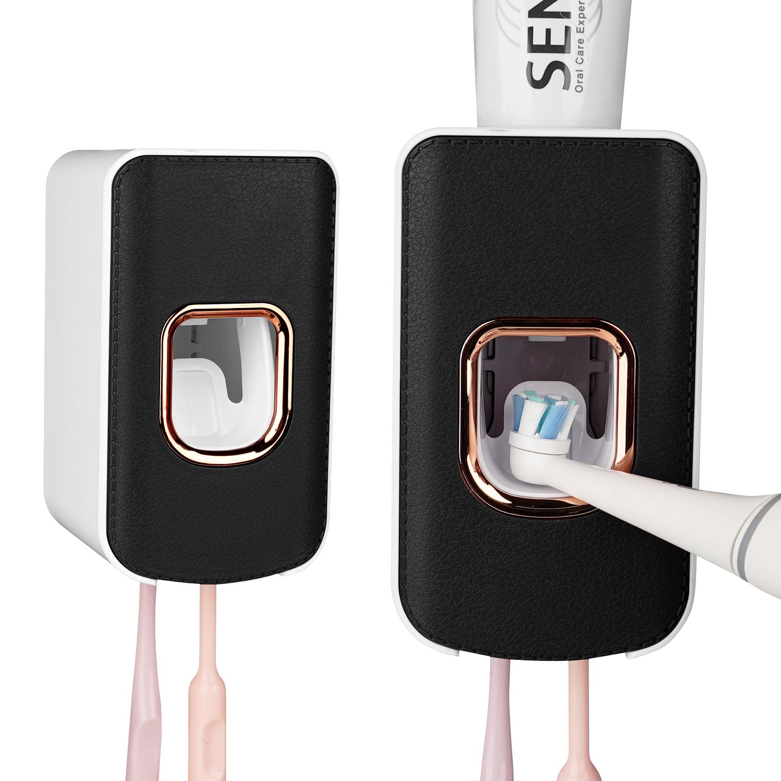 2 Slot Toothbrush Holder and Toothpaste Dispenser Wall Mounted, Automatic Toothpaste Squeezer